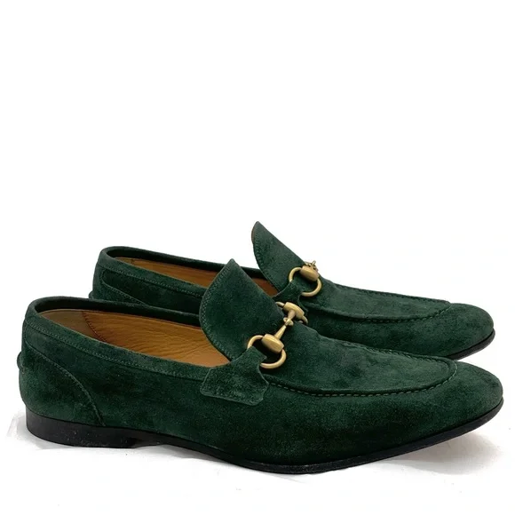 Gucci Jordaan Green Suede Horsebit Loafers - Picture 1 of 12